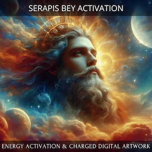 Puede incluir: Una impresión de arte digital que presenta a un hombre barbudo con una corona de luz, rodeado de nubes y estrellas que giran. El texto "SERAPIS BEY ACTIVATION" está en la parte superior de la imagen, y "ENERGY ACTIVATION & CHARGED DIGITAL ARTWORK" está en la parte inferior.