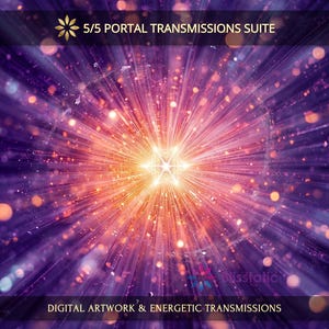 May include: Digital artwork with a central burst of light in shades of orange and yellow, radiating outwards against a purple background. The text reads "5/5 PORTAL TRANSMISSIONS SUITE" and "DIGITAL ARTWORK & ENERGETIC TRANSMISSIONS".