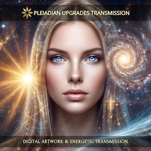 Può includere: Illustrazione digitale raffigurante una persona con lunghi capelli biondi e occhi azzurri, circondata da immagini cosmiche, stelle luminose e galassie a spirale. Il testo PLEIADIAN UPGRADES TRANSMISSION e DIGITAL ARTWORK & ENERGETIC TRANSMISSION è visibile.