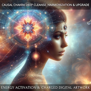 May include: Digital artwork featuring a woman's profile with a glowing chakra design emanating from her head. The image has a cosmic background with text that reads "CAUSAL CHAKRA DEEP CLEANSE, HARMONIZATION & UPGRADE" and "ENERGY ACTIVATION & CHARGED DIGITAL ARTWORK."