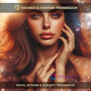 Könnte beinhalten: Digitales Kunstwerk einer Frau mit langen, welligen braunen Haaren und heller Haut. Das Bild hat einen weichen, leuchtenden Effekt mit dem Text "RADIANCE & CHARISMA TRANSMISSION" und "DIGITAL ARTWORK & ENERGETIC TRANSMISSION".