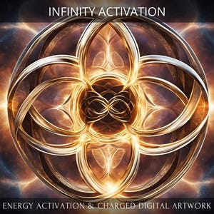 Könnte beinhalten: Ein digitales Kunstwerk mit einem goldenen Unendlichkeitszeichen, das von einem leuchtenden, komplizierten Design umgeben ist. Der Hintergrund ist ein dunkler, sternenübersäter Himmel. Der Text "INFINITY ACTIVATION" befindet sich oben im Bild, und der Text "ENERGY ACTIVATION & CHARGED-DIGITAL ARTWORK" befindet sich unten.