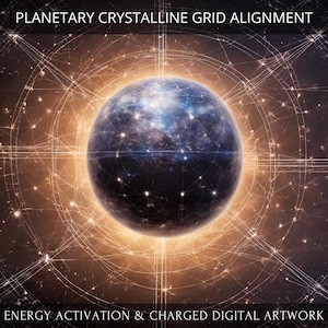 May include: Digital artwork featuring a celestial sphere with a network of interconnected lines and points of light against a warm, golden background. The text at the top reads "PLANETARY CRYSTALLINE GRID ALIGNMENT" and at the bottom "ENERGY ACTIVATION & CHARGED DIGITAL ARTWORK".