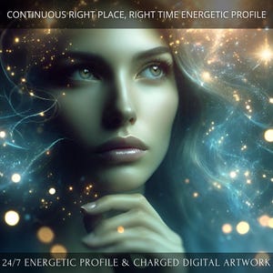 May include: Digital artwork depicting a woman with fair skin and blue eyes, encircled by glowing particles and ethereal light. The image includes the text "CONTINUOUS RIGHT PLACE, RIGHT TIME ENERGETIC PROFILE" and "24/7 ENERGETIC PROFILE & CHARGED DIGITAL ARTWORK".