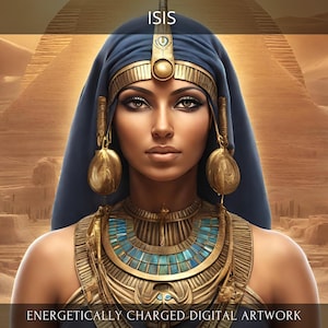 May include: A digital artwork depicting the Egyptian goddess Isis. She is wearing a blue headdress and a gold necklace with turquoise stones. The background is a desert scene with pyramids.