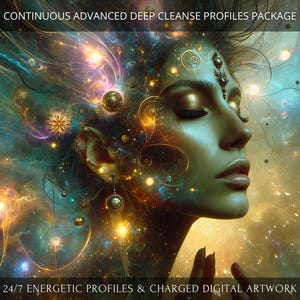 Könnte beinhalten: Digitales Kunstwerk, das das Profil einer Frau mit geschlossenen Augen vor einem kosmischen Hintergrund aus wirbelnden Blau-, Grün- und Goldtönen zeigt. Das Bild enthält den Text: "CONTINUOUS ADVANCED DEEP CLEANSE PROFILES PACKAGE" und "24/7 ENERGETIC PROFILES & CHARGED DIGITAL ARTWORK".