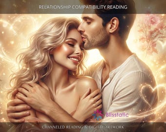 Può includere: Opera d'arte digitale raffigurante una coppia che si abbraccia, con l'uomo che bacia la fronte della donna. L'immagine ha un effetto morbido e luminoso con motivi di luce a forma di cuore e accenti floreali. Il testo in alto recita "RELATIONSHIP COMPATIBILITY READING".