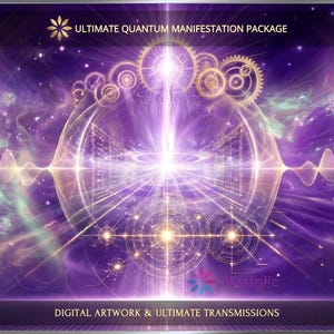 Könnte beinhalten: Ein digitales Kunstwerk mit dem Titel ULTIMATE QUANTUM MANIFESTATION PACKAGE und DIGITAL ARTWORK & ULTIMATE TRANSMISSIONS. Das Bild zeigt ein zentrales leuchtendes Licht, goldene zahnradartige Kreismuster und Wellenformen vor einem violetten Hintergrund.