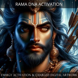 May include: A digital artwork depicting a man with dark blue hair and a beard, wearing a blue and gold outfit. He has a blue and orange stripe across his forehead and is holding a bow and arrow. The text "RAMA DNA ACTIVATION" is at the top of the image, and the text "ENERGY ACTIVATION & CHARGED DIGITAL ARTWORK" is at the bottom.