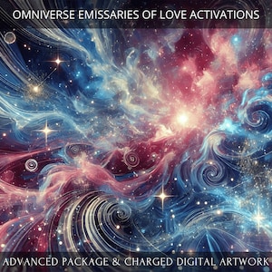 Puede incluir: Obra de arte digital abstracta con nubes giratorias de azul, rosa y blanco sobre un fondo oscuro con estrellas brillantes. El texto "OMNIVERSE EMISSARIES OF LOVE ACTIVATIONS" aparece en la parte superior de la imagen y "ADVANCED PACKAGE & CHARGED DIGITAL ARTWORK" aparece en la parte inferior.