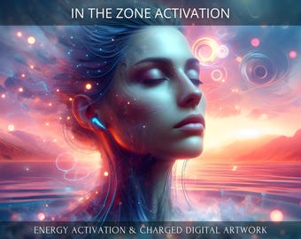 Puede incluir: Una obra de arte digital que presenta a una mujer con cabello azul y ojos cerrados, rodeada de colores y luces giratorios. El texto "IN THE ZONE ACTIVATION" está en la parte superior de la imagen, y el texto "ENERGY ACTIVATION & CHARGED DIGITAL ARTWORK" está en la parte inferior.
