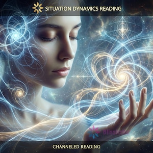 Puede incluir: Ilustración digital de una mujer con los ojos cerrados, rodeada de patrones de energía arremolinada azul y dorada. Incluye el texto "SITUATION DYNAMICS READING" y "CHANNELED READING". Su mano está extendida, interactuando con la energía luminosa.