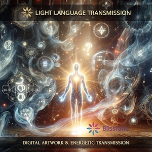 Op de afbeelding: Een digitaal kunstwerk getiteld LIGHT LANGUAGE TRANSMISSION met een gloeiend menselijk silhouet omringd door wervelende rook, ingewikkelde witte geometrische symbolen en lichtbollen. De tekst BLISSTATIC verschijnt onderaan in het midden.
