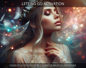 Puede incluir: Una mujer con el pelo largo y rubio y una corona de flores está rodeada por una galaxia de luces brillantes. El texto "Letting Go Activation" está en la parte superior de la imagen y "Energy Activation & Charged Digital Artwork" está en la parte inferior.