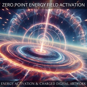 Può includere: Un'opera d'arte digitale che rappresenta un vortice di energia vorticoso con una luce brillante che emana dal centro. Il vortice è circondato da un anello di sfere luminose e il testo "ZERO POINT ENERGY FIELD ACTIVATION" appare nella parte superiore dell'immagine. Il testo "ENERGY ACTIVATION & CHARGED DIGITAL ARTWORK" appare nella parte inferiore dell'immagine.