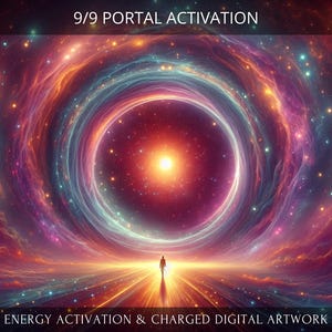 May include: Digital artwork depicting a cosmic portal with swirling nebulae in shades of orange, purple, and blue. A silhouetted figure walks towards a bright light. Text at the top reads "9/9 PORTAL ACTIVATION" and at the bottom "ENERGY ACTIVATION & CHARGED DIGITAL ARTWORK".