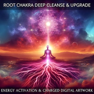 May include: Digital artwork depicting a person meditating with a glowing root chakra, surrounded by a colourful sky and clouds. The image features a mandala above the person's head and roots extending from the chakra, symbolising energy activation and cleansing.