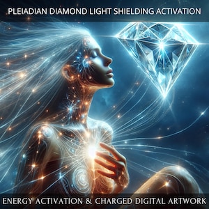 Può includere: Opera d'arte digitale raffigurante una donna con capelli fluenti e un diamante luminoso. L'immagine ha un tema celeste con sfumature blu e oro, e il testo recita "PLEIADIAN DIAMOND LIGHT SHIELDING ACTIVATION" e "ENERGY ACTIVATION & CHARGED DIGITAL ARTWORK."