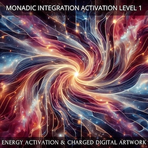 Puede incluir: Obra de arte digital abstracta con líneas de luz giratorias en tonos rojos, azules y amarillos. La obra de arte se titula "Monaic Integration Activation Level 1" e incluye el texto "Energy Activation & Charged Digital Artwork".