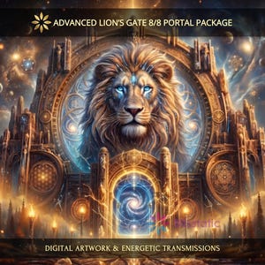 May include: Digital artwork titled ADVANCED LION'S GATE 8/8 PORTAL PACKAGE featuring a central lion head with glowing blue eyes framed by a circular structure, surrounded by cosmic space, golden architectural elements, and a glowing portal.
