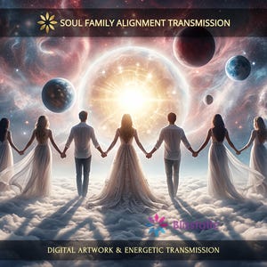 Może przedstawiać: Cyfrowe dzieło sztuki przedstawiające grupę ludzi trzymających się za ręce, stojących na chmurach, z jasnym światłem w tle. Obraz zawiera tekst „SOUL FAMILY ALIGNMENT TRANSMISSION” i „DIGITAL ARTWORK & ENERGETIC TRANSMISSION”. Paleta kolorów obejmuje odcienie niebieskiego, bieli i złota.