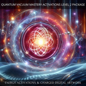 Könnte beinhalten: Abstrakte digitale Kunst mit einer leuchtenden roten und weißen Kugel, die von einem wirbelnden blauen und orangefarbenen Nebel umgeben ist. Der Text "QUANTUM VACUUM MASTERY ACTIVATIONS LEVEL 2 PACKAGE" befindet sich oben im Bild und der Text "ENERGY ACTIVATIONS & CHARGED DIGITAL ARTWORK" unten.