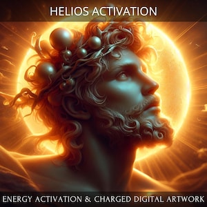 May include: A digital artwork featuring a man with a crown of light and a beard, gazing upwards towards a radiant sun. The image is titled "Helios Activation" and includes the text "Energy Activation & Charged Digital Artwork" at the bottom.