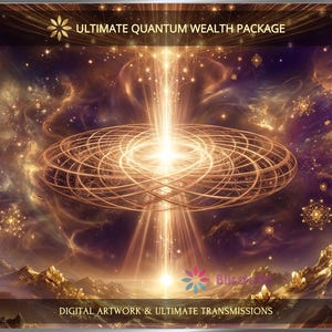 Peut inclure: Œuvre numérique intitulée ULTIMATE QUANTUM WEALTH PACKAGE présentant un faisceau lumineux doré central entouré de motifs géométriques circulaires concentriques sur un fond de nébuleuse violet foncé avec des sommets montagneux en bas.