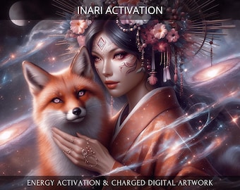 May include: Digital artwork featuring a woman with elaborate floral headwear and facial markings, embracing a red fox. The image has a cosmic background with the text "INARI ACTIVATION" and "ENERGY ACTIVATION & CHARGED DIGITAL ARTWORK".