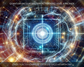 May include: Abstract digital artwork with a glowing blue and white center surrounded by a grid pattern. The background is a swirling mix of red, orange, and yellow. The text "QUANTUM VACUUM MASTERY ACTIVATIONS LEVEL 4 PACKAGE" is at the top of the image and "ENERGY ACTIVATIONS & CHARGED DIGITAL ARTWORK" is at the bottom.