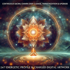 Könnte beinhalten: Digitales Kunstwerk mit einer meditierenden Figur mit leuchtender Aura, vor dem Hintergrund einer großen, stilisierten Lotusblume in Orange- und Goldtönen. Der Text lautet: "CONTINUOUS SACRAL CHAKRA DEEP CLEANSE, HARMONIZATION & UPGRADE" und "24/7 ENERGETIC PROFILE & CHARGED DIGITAL ARTWORK."