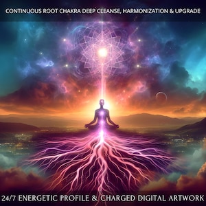May include: Digital artwork depicting a meditating figure with a glowing aura, rooted in a network of vibrant, purple energy. The background features a celestial landscape with swirling clouds, planets, and the text "CONTINUOUS ROOT CHAKRA DEEP CLEANSE, HARMONIZATION & UPGRADE".