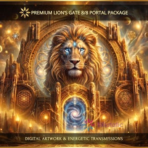 May include: Digital artwork titled PREMIUM LION'S GATE 8/8 PORTAL PACKAGE AND DIGITAL ARTWORK & ENERGETIC TRANSMISSIONS. The image features a large lion head centred within a golden circular frame, surrounded by architectural structures, torches, and a glowing blue portal at the base, all set against a cosmic background with planets and stars.