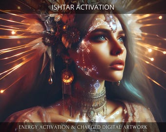May include: A digital artwork featuring a woman with a crown of light and intricate silver jewelry. Her face is adorned with glowing white patterns and she has blue eyes. The background is a dark, abstract design with glowing lights.