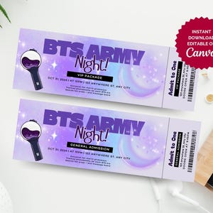 Bearbeitbare BTS Event Ticket-Vorlage - Perfekt für ARMY Fan-Treffen, Geburtstage und BTS-Themenpartys