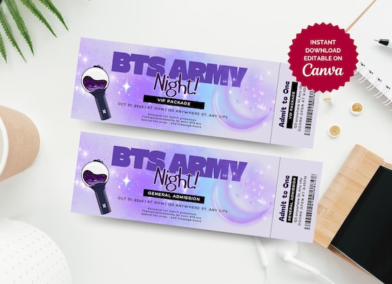 編集可能なBTSイベントチケットテンプレート – ARMYファンパーティー