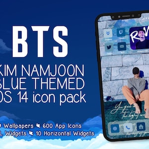 May include: A smartphone displaying a blue-themed iOS 14 icon pack featuring Kim Namjoon. The screen shows app icons, a photo of Kim Namjoon, and the text "You give me the best of you." The background is a blue sky.
