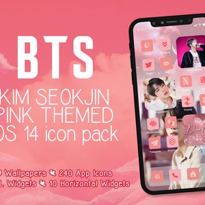 May include: A smartphone displays a pink-themed iOS 14 icon pack featuring BTS member Kim Seokjin. The screen showcases custom app icons, widgets, and wallpapers. The image includes the text "BTS KIM SEOKJIN PINK THEMED IOS 14 icon pack".
