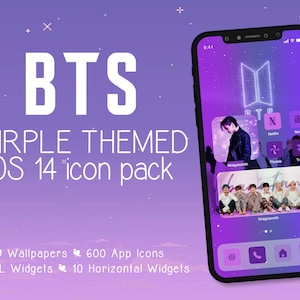 Può includere: Uno smartphone mostra un pacchetto di icone iOS 14 a tema viola, con il testo "BTS" e "PURPLE THEMED". Lo schermo mostra icone di app, widget e uno sfondo a tema band. L'immagine elenca anche 9 sfondi, 600 icone di app e 15 widget S/L.