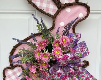 Grapevine Bunny, Pink Bunny with Florals, Door Decor, Easter Door Hanger, Easter Wreath