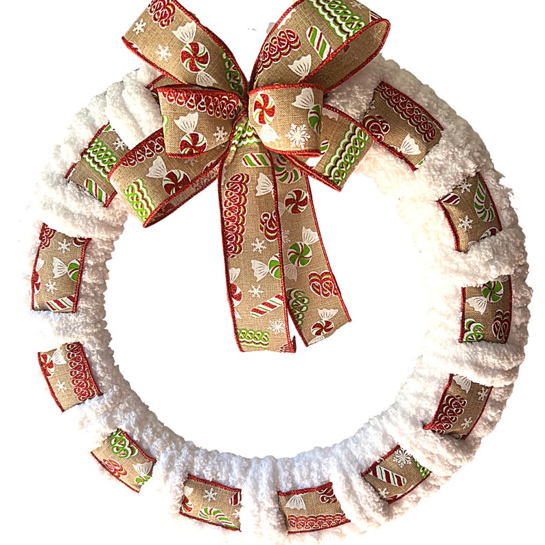 Yarn and Ribbon Wreath, Christmas Yarn Wreath, Christmas Decor