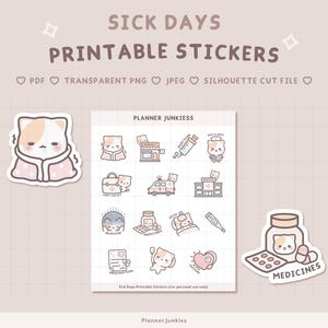 Cute Sick Days Printable Planner Stickers| Kawaii Sick Printable Stickers| Cute Health Planner Stickers| Cute Illness Planner Stickers