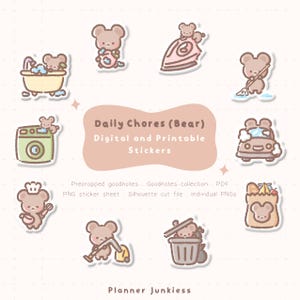 May include: A collection of digital and printable stickers featuring a bear theme. The stickers depict bears engaged in various daily chores, such as washing clothes, cleaning, and taking a bath. The text "Daily Chores (Bear)" is displayed on a light brown background.