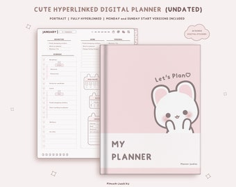 Cute Undated Digital Planner | Portrait Layout, Stickers (PDF)