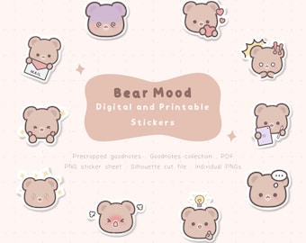 Cute Bear Mood Digital Planner Stickers | Bear Emotes Printable Stickers | Cute Emotion Digital Stickers | Kawaii Goodnotes Stickers