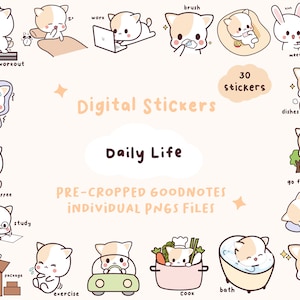 Pegatinas digitales de la vida diaria de Kawaii / Pegatinas digitales de uso diario / Pegatinas de rutina diaria / Pegatinas de Goodnotes de Kawaii / Pegatinas lindas