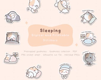Cute Sleeping Digital Planner Stickers | Sleeping Printable Stickers | Cute Goodnotes Stickers | Cute Stickers PNG | Cute Cat Stickers