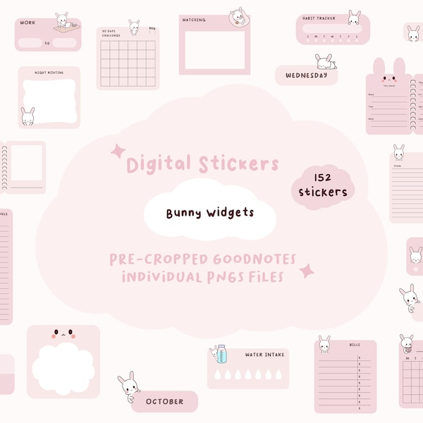Kawaii Bunny Digital Widgets | Cute Digital Sticky Notes | Digital Planner Widgets | Cute Digital Planner Stickers | Kawaii Planner Stickers