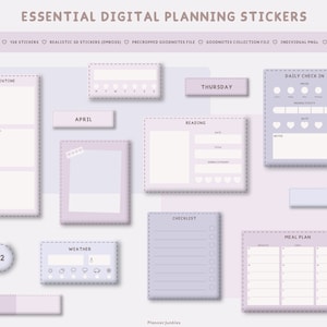 Essential Digital Planning Stickers | Digital Planner Widgets | Digital Sticker Book | Purple Goodnotes Stickers | Digital Sticky Notes