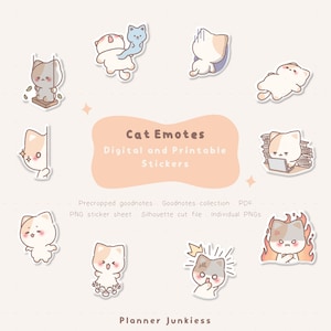 May include: A collection of digital and printable cat emotes stickers. The stickers feature various cat illustrations with different expressions and poses. The text "Cat Emotes" and "Digital and Printable Stickers" is displayed in the center of the image.